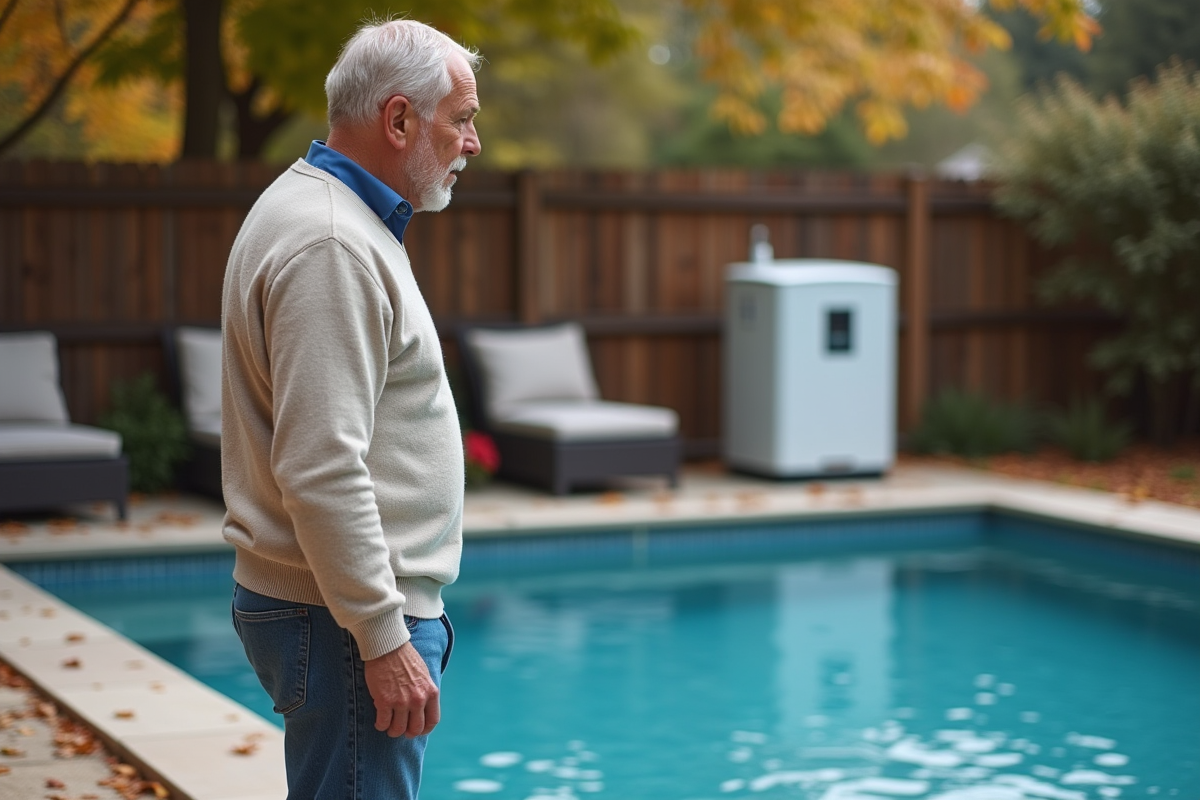 Homme d'âge moyen près d'une piscine extérieure et thermostat