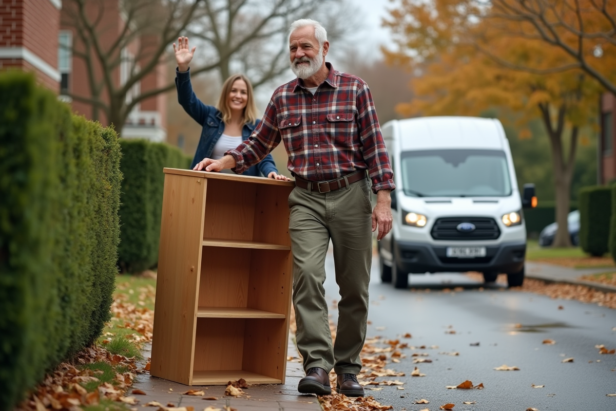 Homme âgé posant une étagère en bois devant sa maison en automne