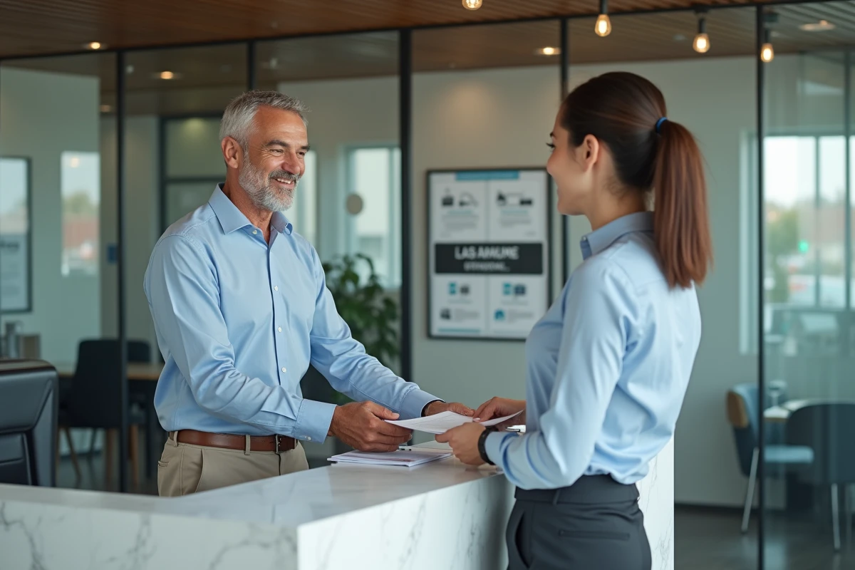 Homme remettant un dossier à la reception d’un bureau de location