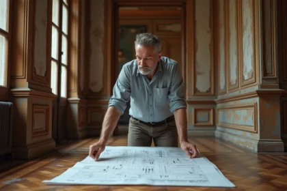 Homme examine plans de renovation dans un appartement ancien