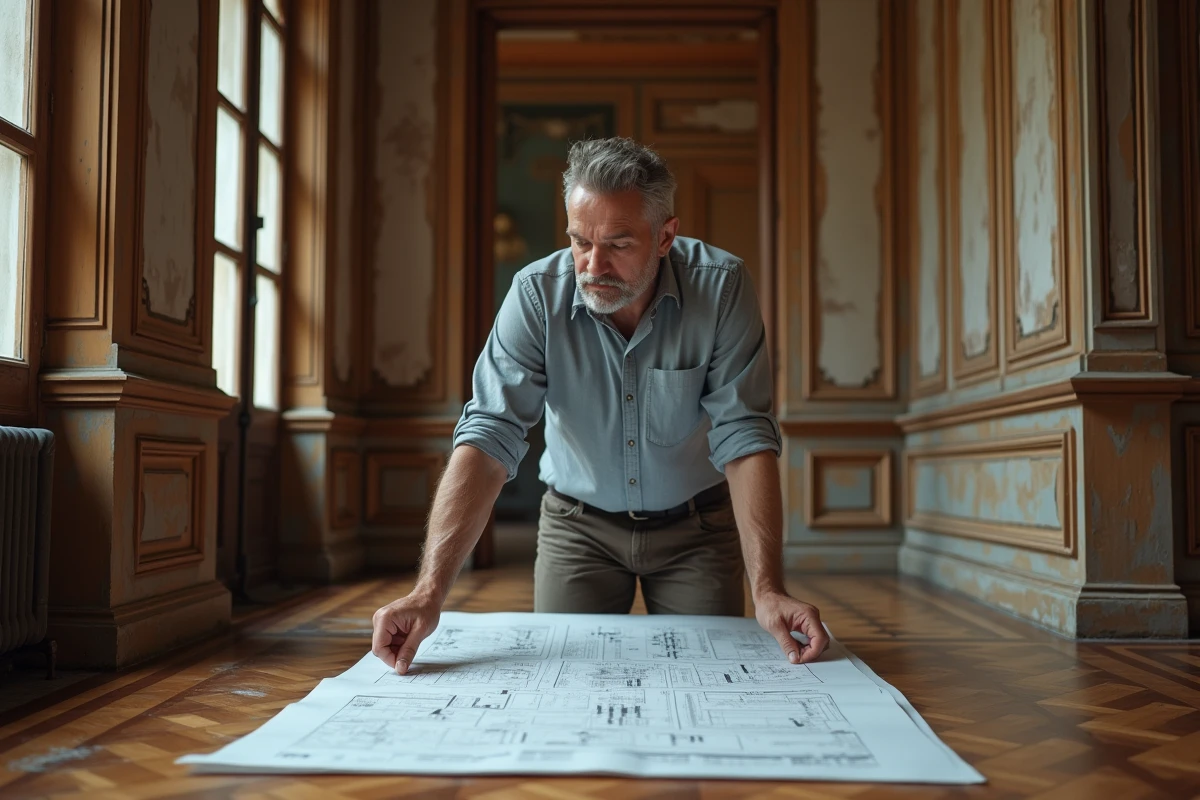 Homme examine plans de renovation dans un appartement ancien