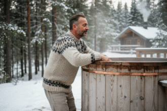 Homme scandinave dans un bain en bois enneige