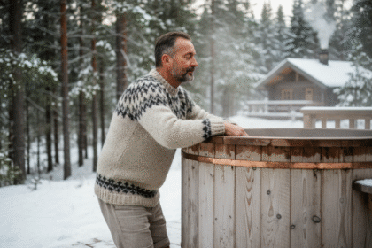 Homme scandinave dans un bain en bois enneige