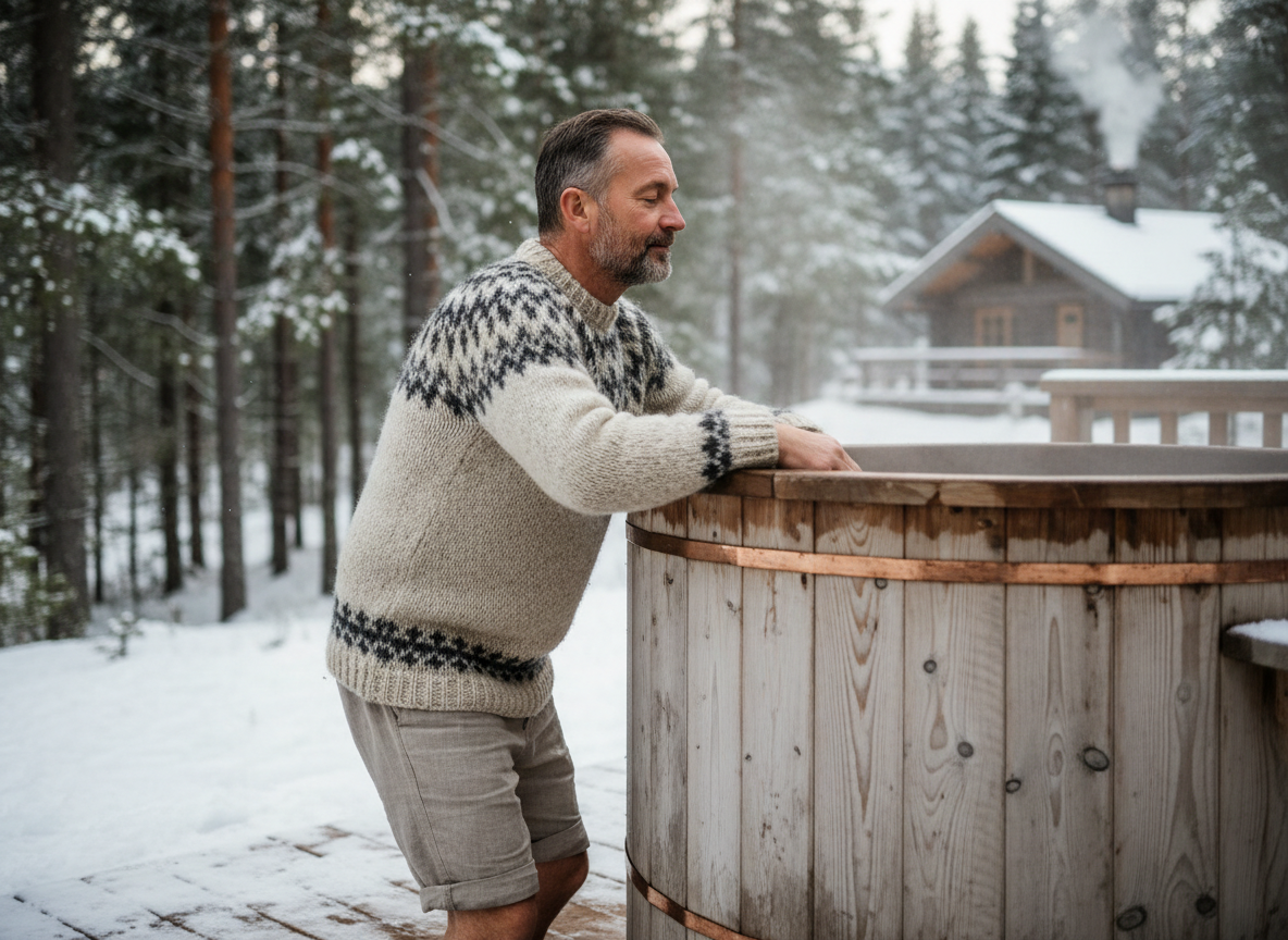 Homme scandinave dans un bain en bois enneige
