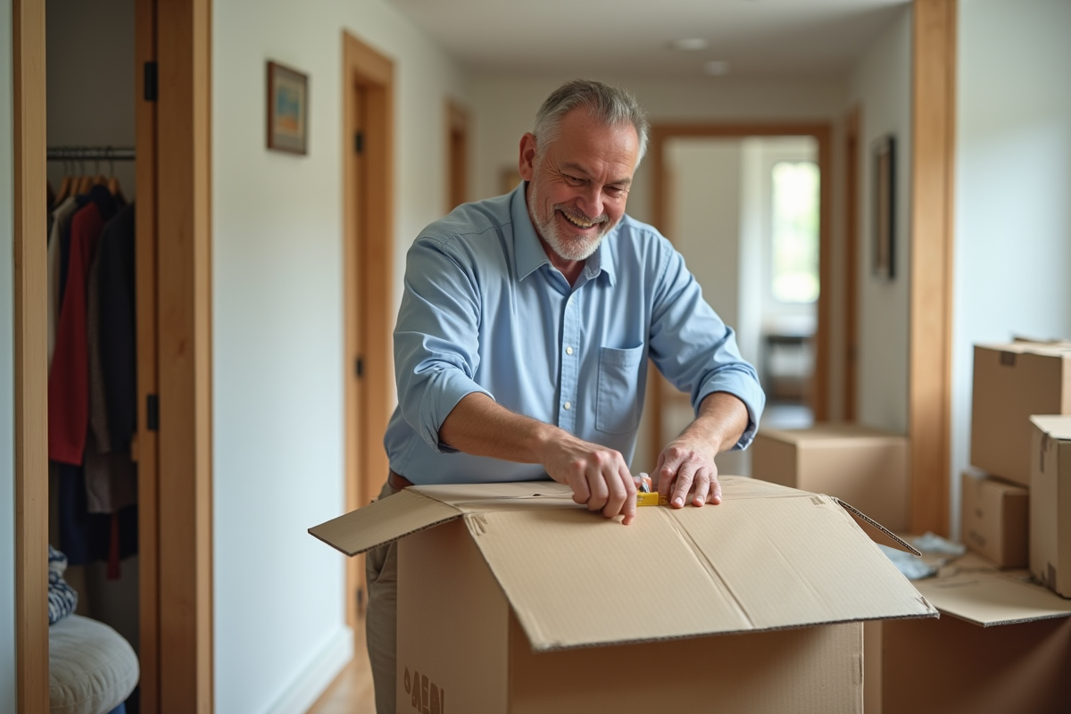 Homme scellant un carton avec du ruban adhésif dans un couloir
