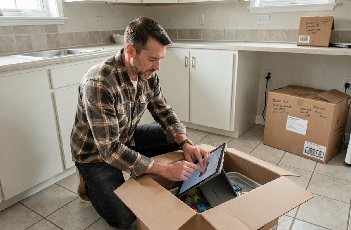 Homme consultant une tablette avec liste de contrôle dans une cuisine vide lors d'un déménagement