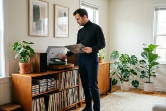 Homme en turtleneck placant un vinyle dans un salon moderne