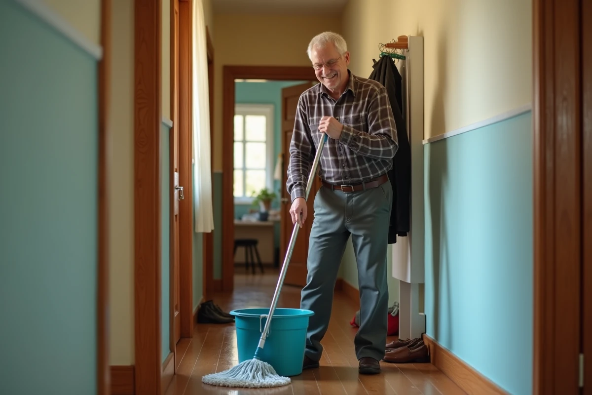 Homme âgé essorant un balai dans un couloir