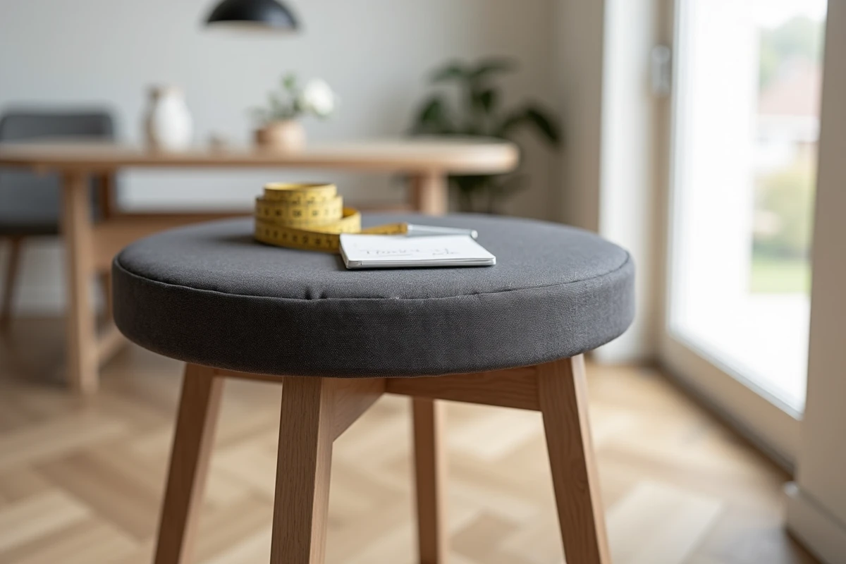 Housse grise ajustée sur un tabouret de bar rond avec mètre ruban et notes de mesures sur parquet