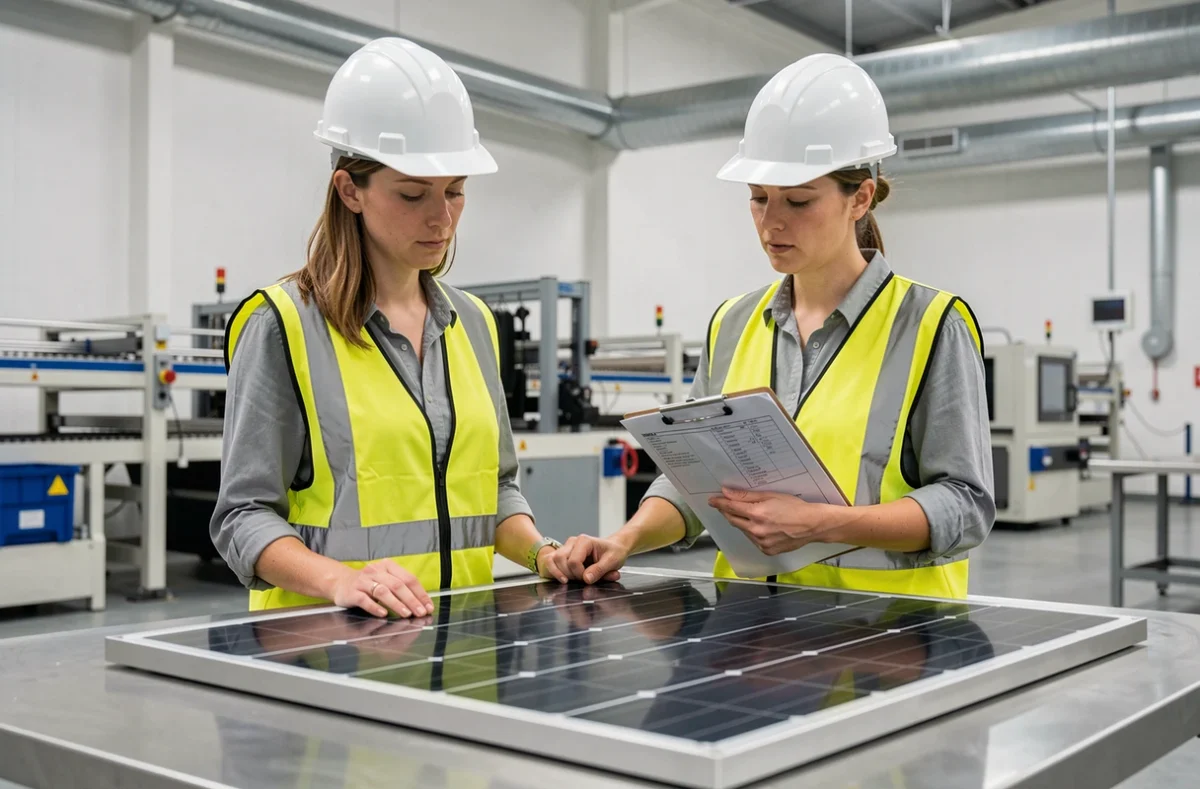 Ingénieure contrôlant la qualité d'un panneau solaire dans une usine de fabrication