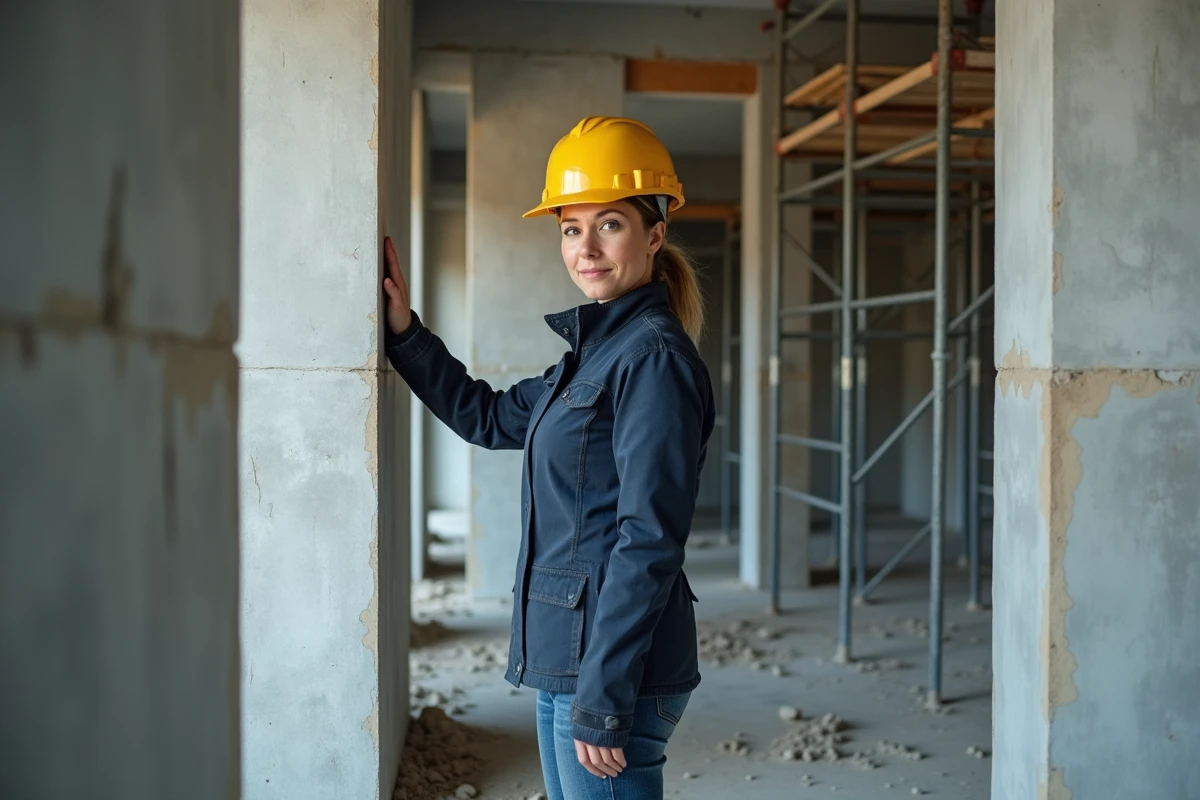 Ingénieure de chantier inspectant un mur de refend en béton dans un bâtiment en construction