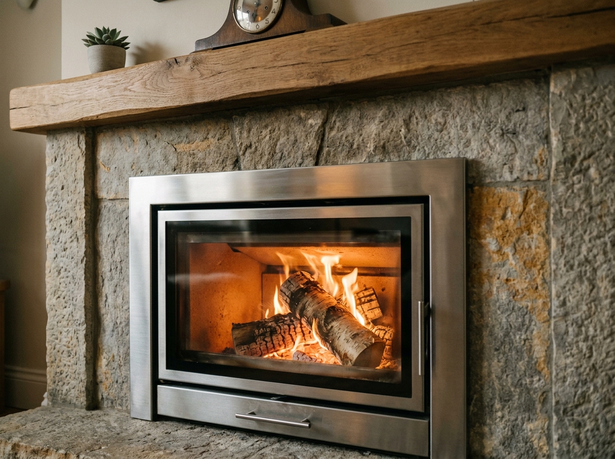Insert à bois encastré dans une cheminée en pierre calcaire avec vitre céramique et bûches de bouleau en combustion