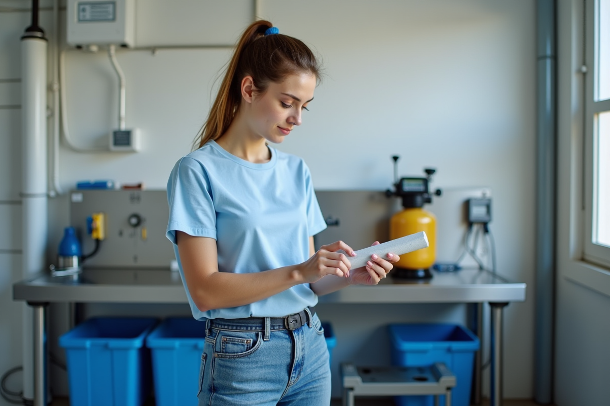 Jeune femme inspectant une cellule de piscine en intérieur