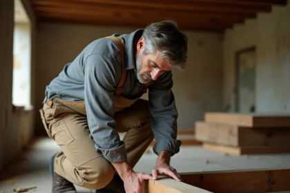 Artisan inspectant une solive de plancher en bois dans une maison ancienne en cours de rénovation
