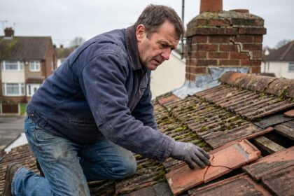 Homme inspectant un vieux toit en terracotta dégradé