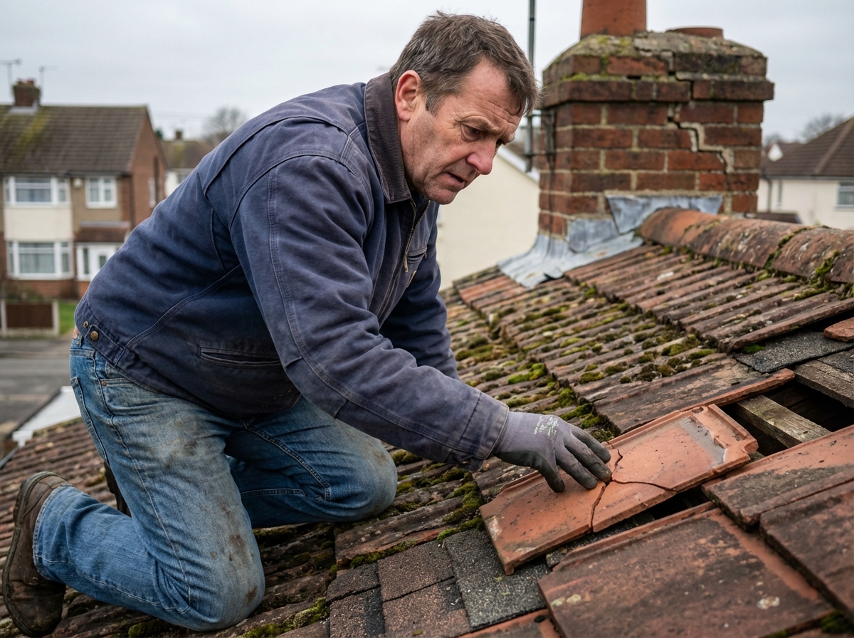 Homme inspectant un vieux toit en terracotta dégradé