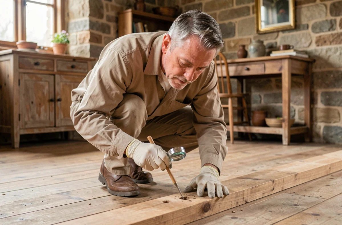 Technicien en traitement du bois inspectant un parquet infesté par des vrillettes avec une loupe professionnelle