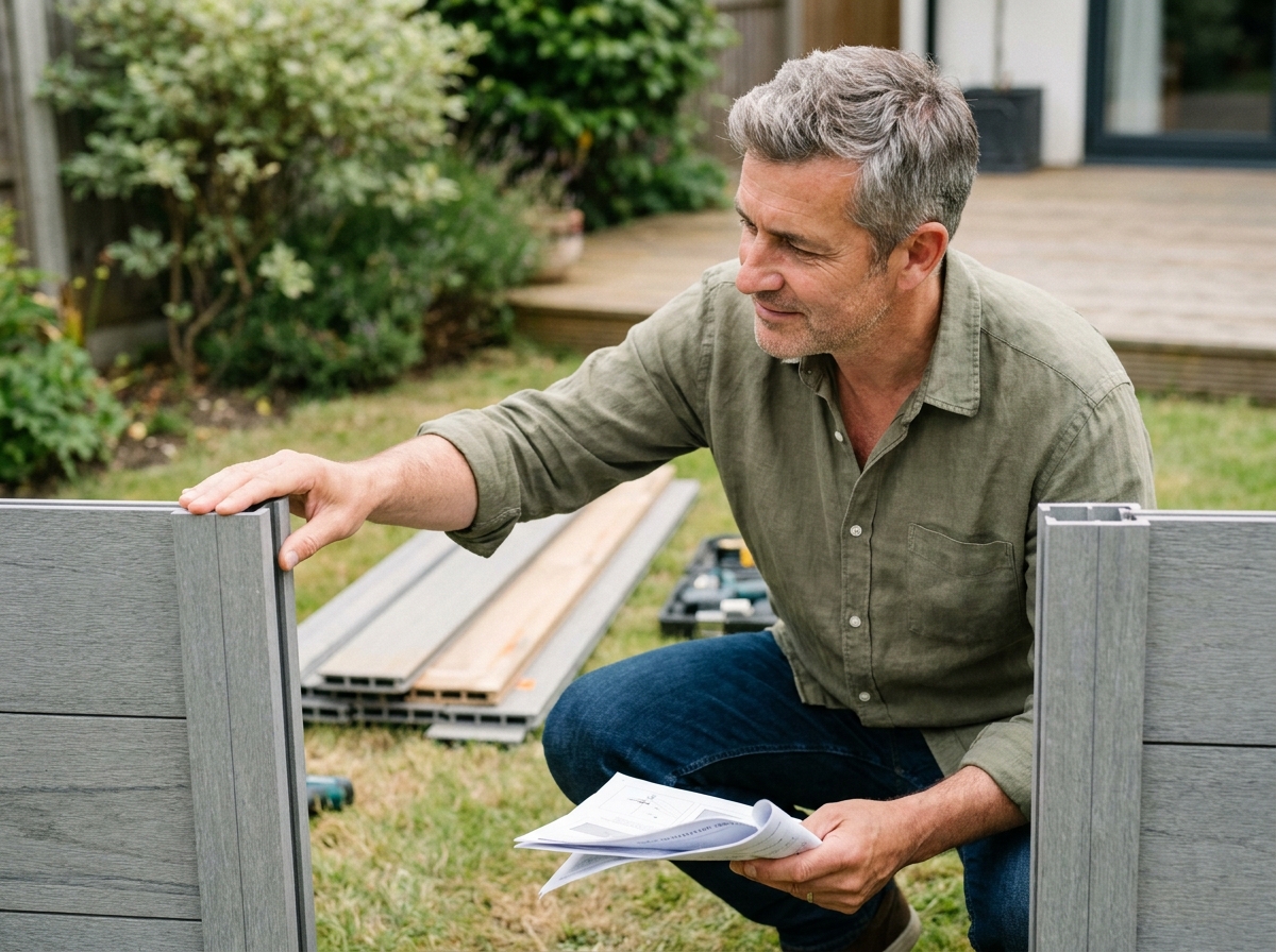 Homme examinant l'installation d'une clôture composite dans un jardin résidentiel, avec panneaux empilés et poteau de fixation visible en arrière-plan