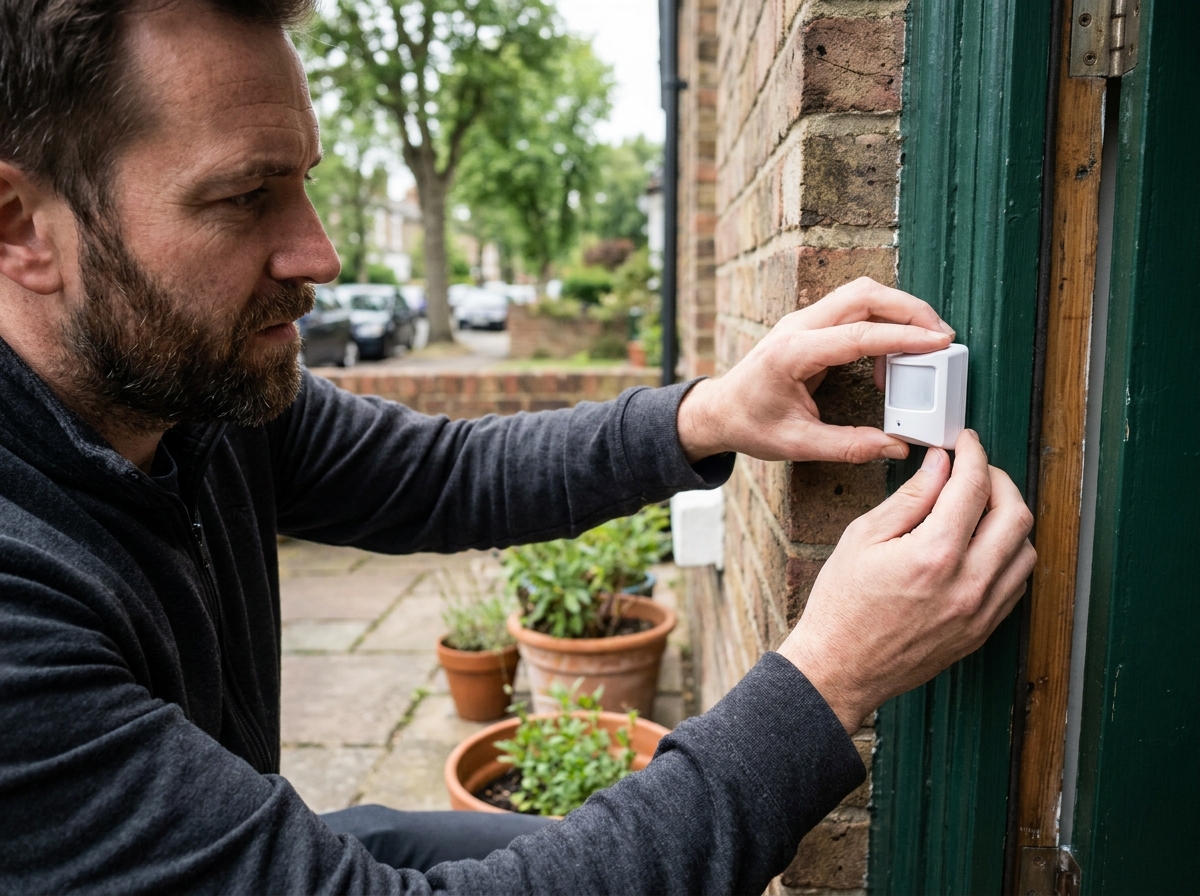 Homme installant un détecteur de mouvement sans fil sur le cadre de porte d'entrée d'une maison individuelle