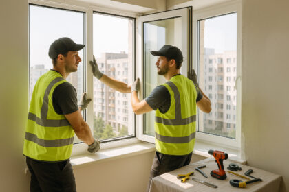 Deux ouvriers installent des fenêtres modernes dans un appartement lumineux