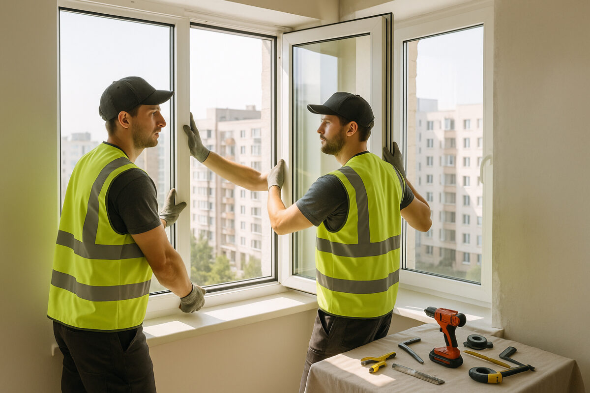 Deux ouvriers installent des fenêtres modernes dans un appartement lumineux