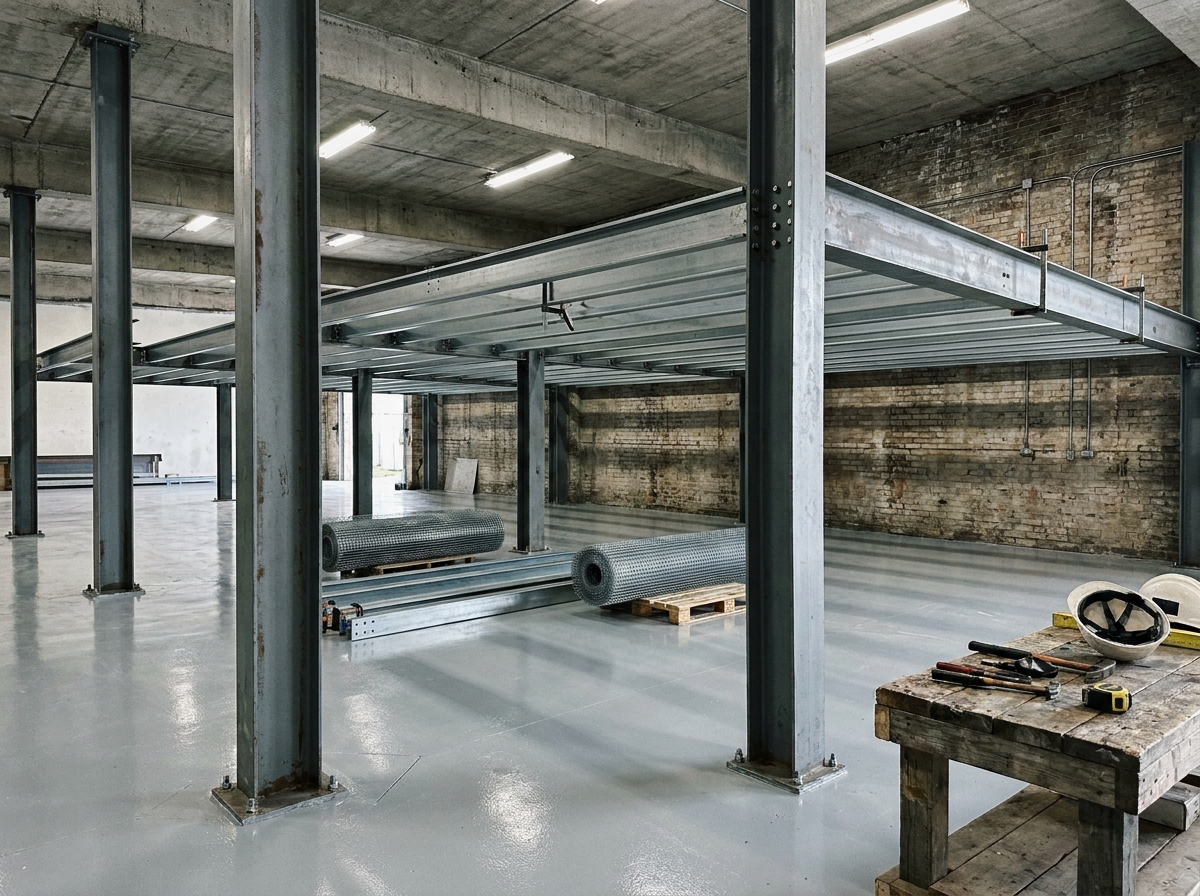 Installation d'une mezzanine industrielle modulaire en acier boulonné dans un entrepôt, colonnes et poutres métalliques en cours d'assemblage sans travaux lourds