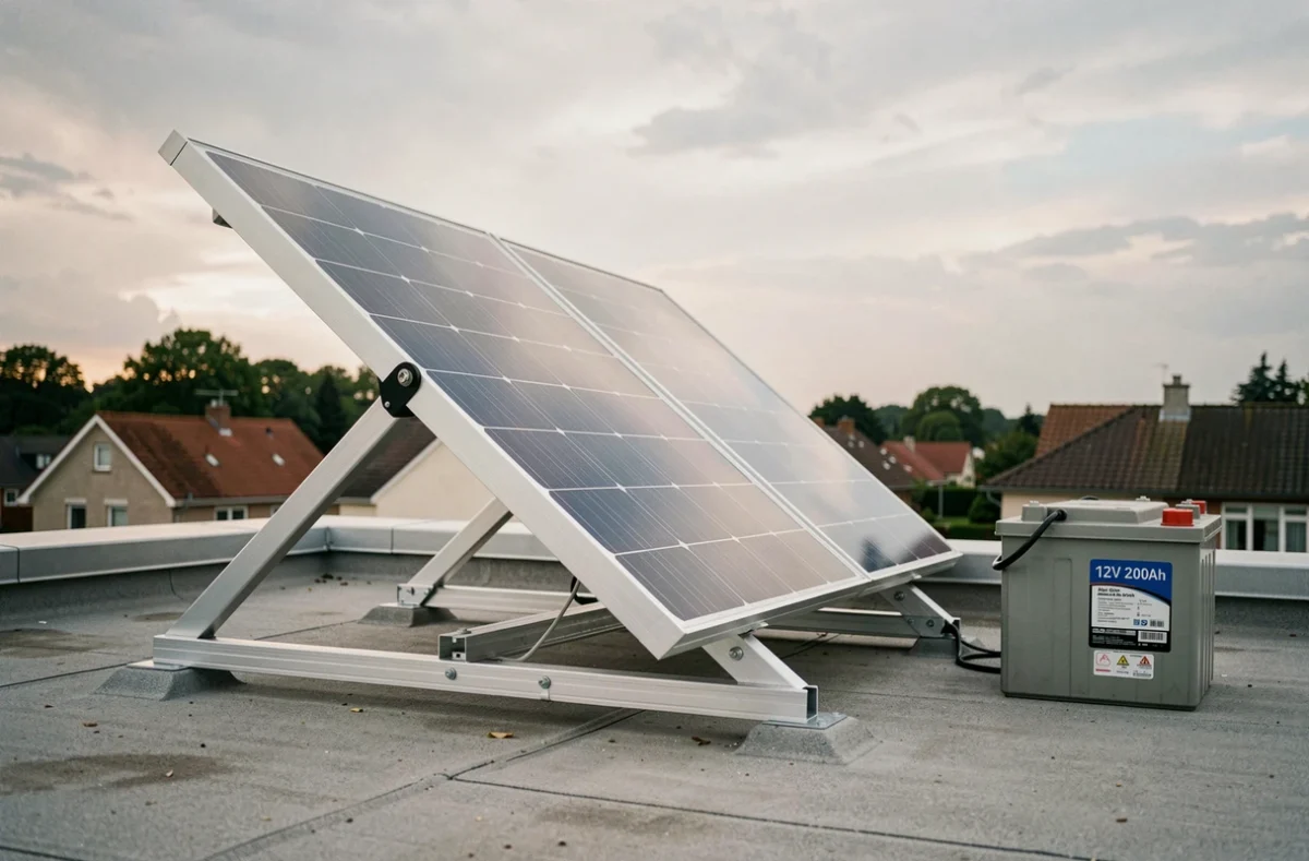 Panneaux solaires monocristallins installés sur un toit résidentiel avec batterie 200Ah en boîtier extérieur