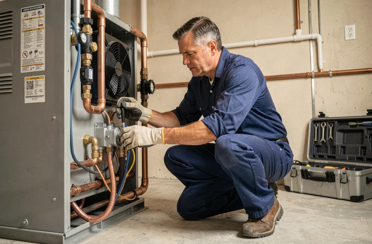 Technicien installant une pompe à chaleur air-eau De Dietrich Alezio dans une chaufferie résidentielle