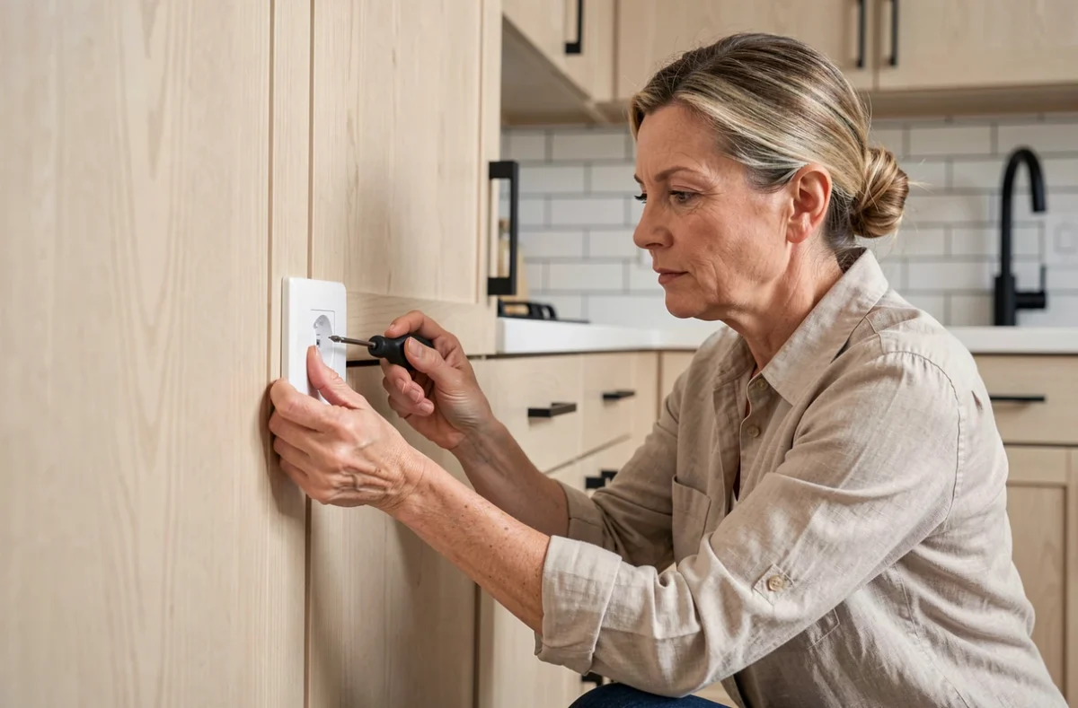 Femme installant une prise murale avec port USB dans une cuisine moderne en bois clair