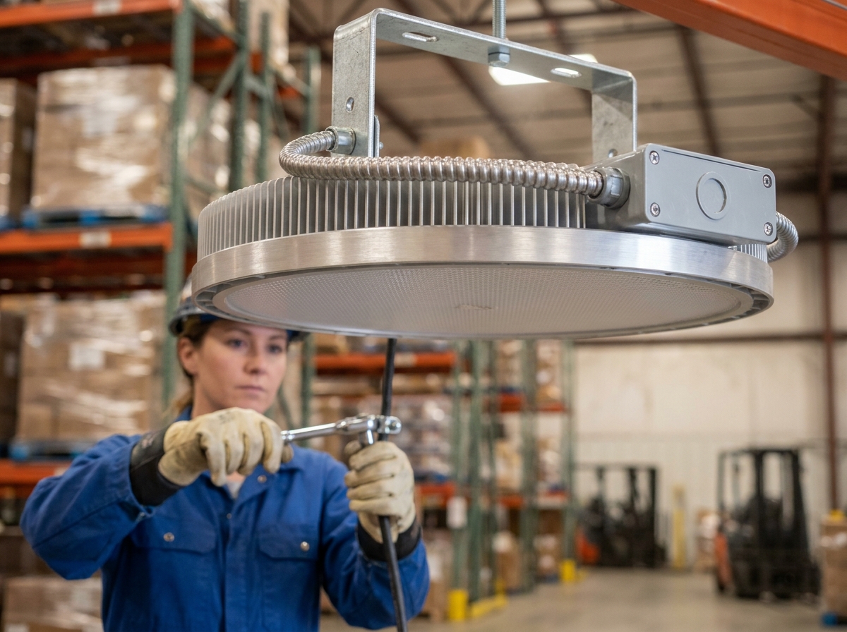 Électricienne installant un projecteur LED haute baie sur support métallique dans un centre de distribution logistique