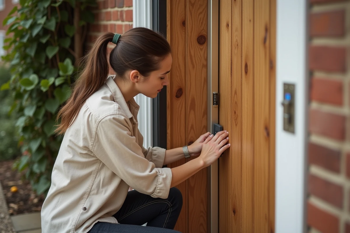 Femme installant un protège-pince-doigt beige sur une porte d'entrée en chêne massif devant une façade en briques avec jardin