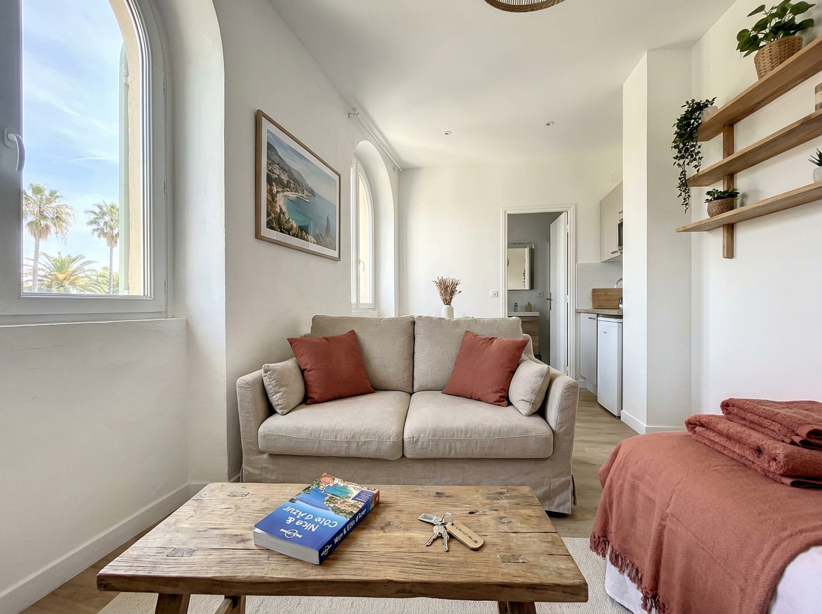 Intérieur d'un deux-pièces meublé prêt pour la location saisonnière à Nice avec vue sur des palmiers