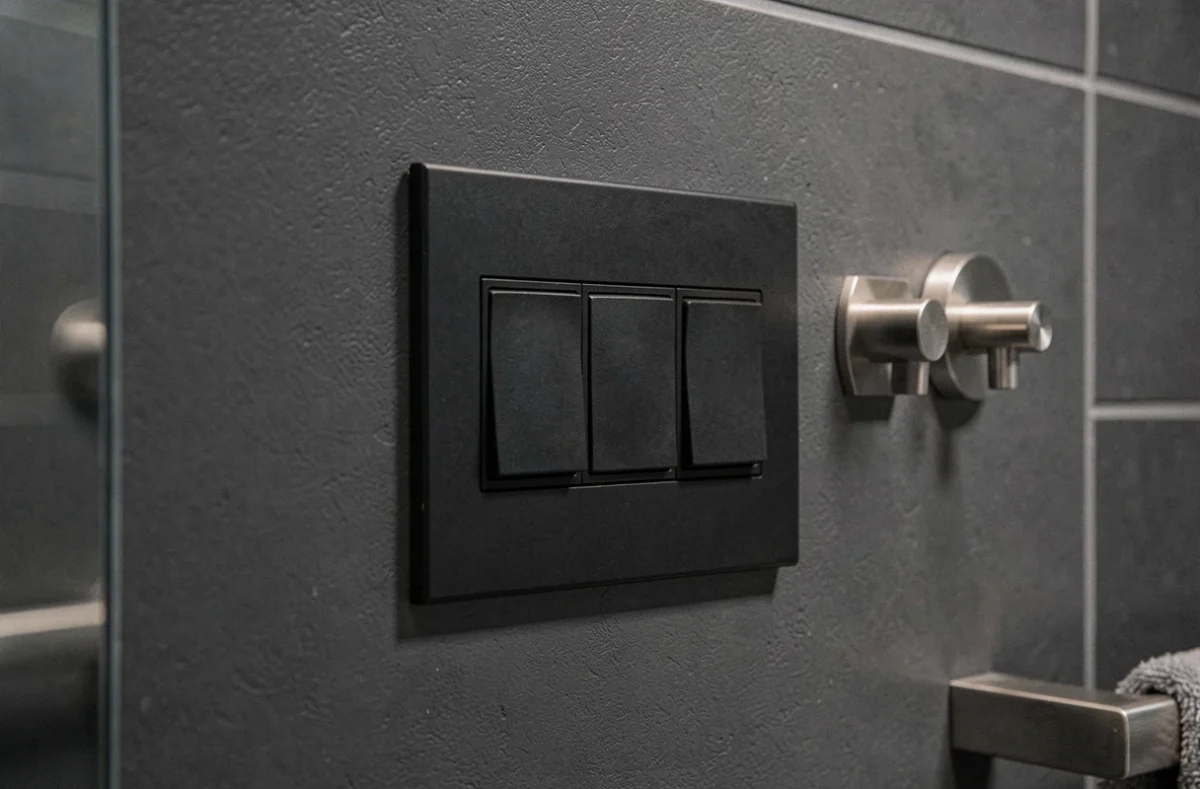 Interrupteur triple noir mat sur mur anthracite dans une salle de bain minimaliste aux carreaux blancs