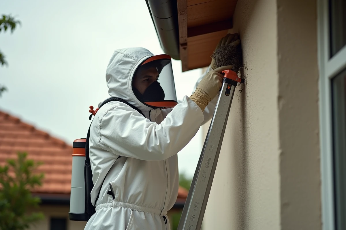 Technicien en équipement de protection intervenant sur un nid de guêpes en hauteur avec une échelle