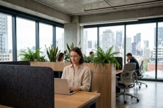 Femme travaillant dans un bureau en open space équipé de panneaux acoustiques en feutre pour une isolation phonique optimale