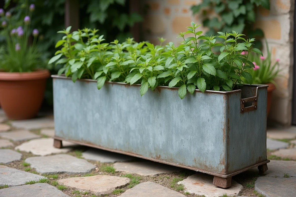 Bac de jardinière en zinc patiné avec effet vieilli naturel gris-vert sur terrasse rustique en pierre