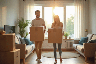 Jeune couple heureux déplaçant des cartons dans un salon lumineux