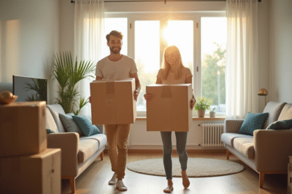 Jeune couple heureux déplaçant des cartons dans un salon lumineux