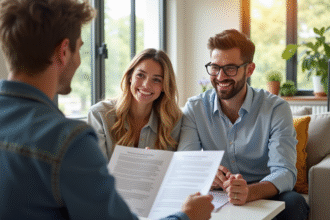 Jeune couple souriant avec agent pour location appartement