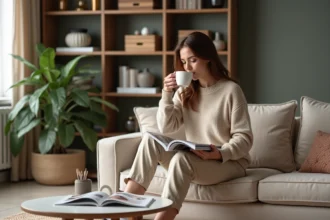Jeune femme détendue lisant un magazine dans un salon cosy