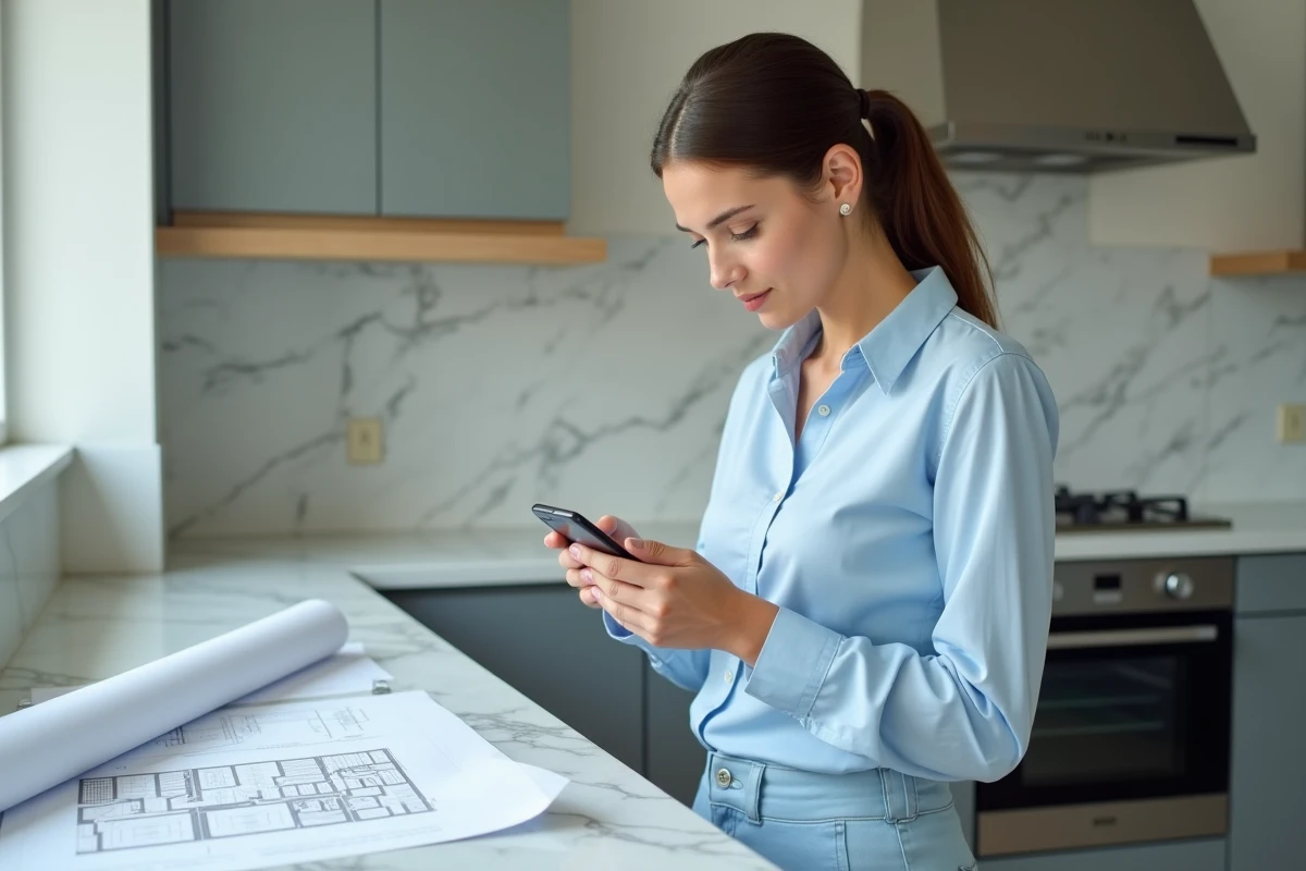 Jeune femme vérifiant des mesures avec un smartphone dans une cuisine moderne