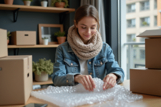Jeune femme emballant fragile avec bulle d'air dans un appartement