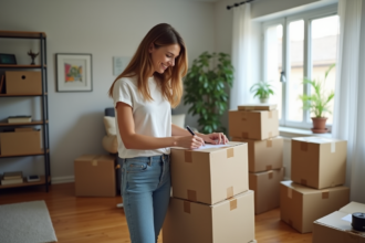 Jeune femme étiquetant des cartons de déménagement dans un salon