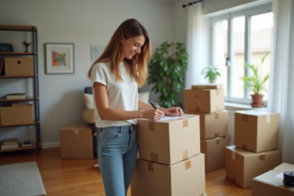 Jeune femme étiquetant des cartons de déménagement dans un salon