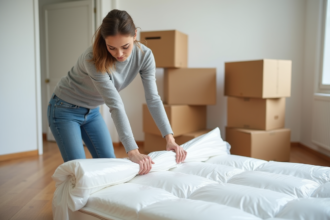 Jeune femme en jeans et pull enveloppant un matelas