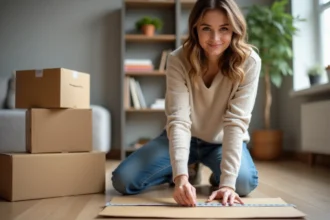 Jeune femme mesure un carton dans un salon moderne