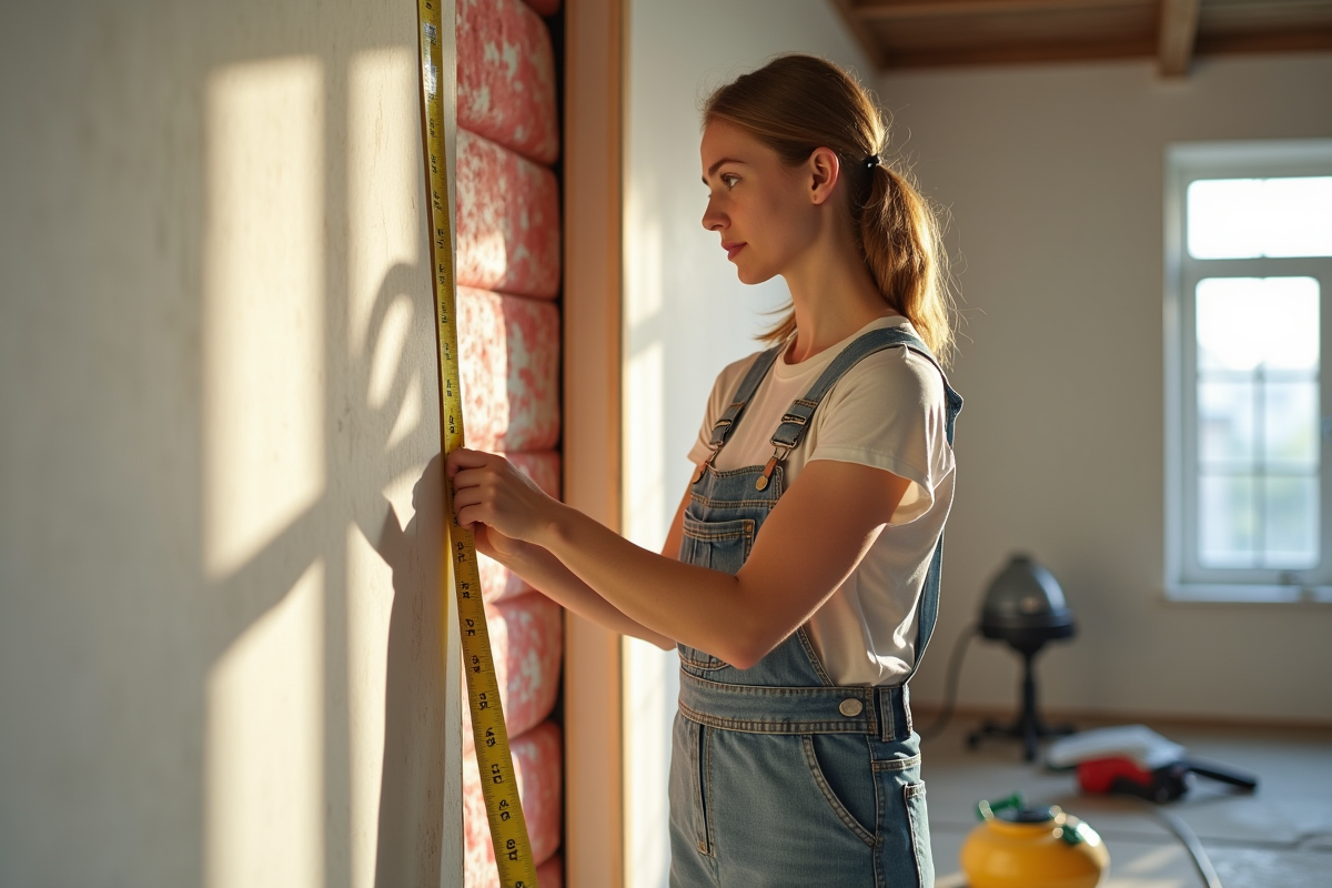 Jeune femme mesurant une paroi isolée avec un ruban