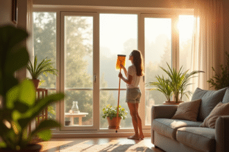 Jeune femme nettoyant une grande fenetre lumineuse dans un salon moderne