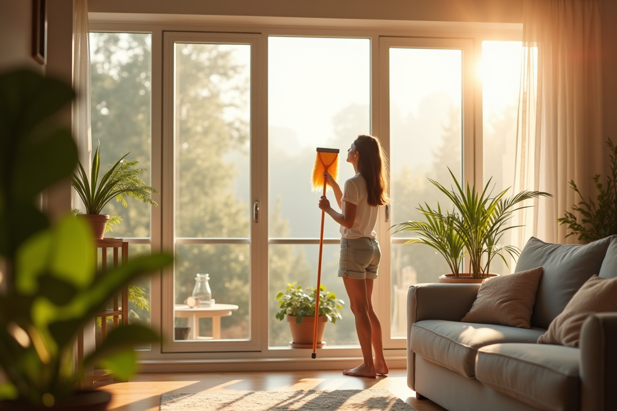 Jeune femme nettoyant une grande fenetre lumineuse dans un salon moderne