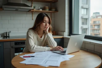 Jeune femme avec papiers et laptop dans une cuisine urbaine